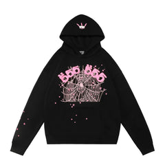 Sp5der "555 555" Pink Web Rhinestone Black Pullover Hoodie