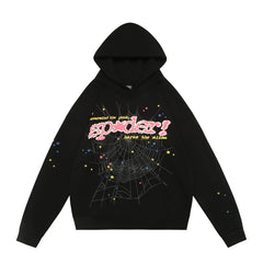Sp5der Pink Letter & Star Web Black Pullover Hoodie
