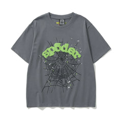 Sp5der Neon Green Logo & Spider Web Graphic Dark Grey Short Sleeve T-Shirt