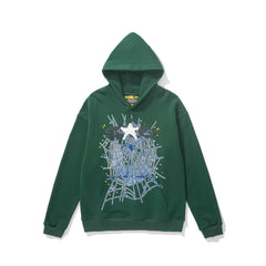 Sp5der Web Graphic Dark Green Pullover Hoodie with White Star