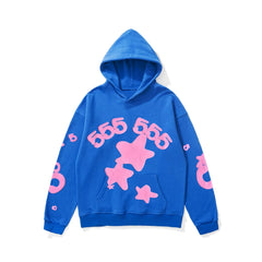 Sp5der "555 555" Pink Star Foam Print Royal Blue Pullover Hoodie