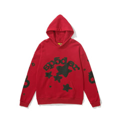 Sp5der Star Graphic Red Pullover Hoodie with Black Accents