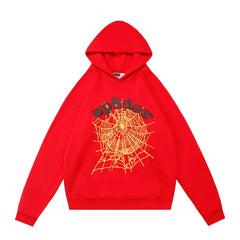Sp5der Yellow Web Foam Print Red Pullover Hoodie