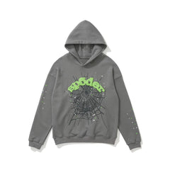 Sp5der Arch Logo Spider Web Grey and Green Pullover Hoodie