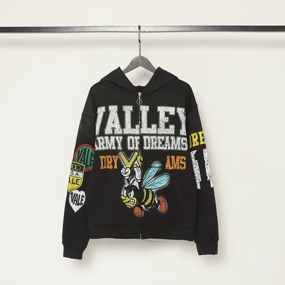 VALE VALLEY Hip Hop Embroidered Zip Hoodie