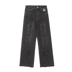 Revenge Smoke Embroidered Thorns Straight Denim Jeans