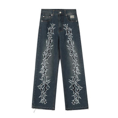 Revenge Smoke Embroidered Thorns Straight Denim Jeans