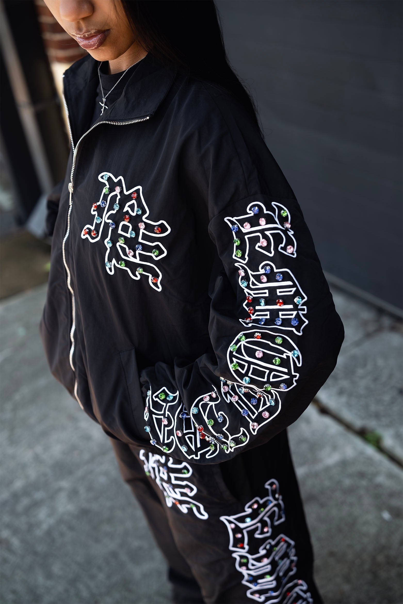 MIXED EMOTION Rhinestone Nylon Jacket