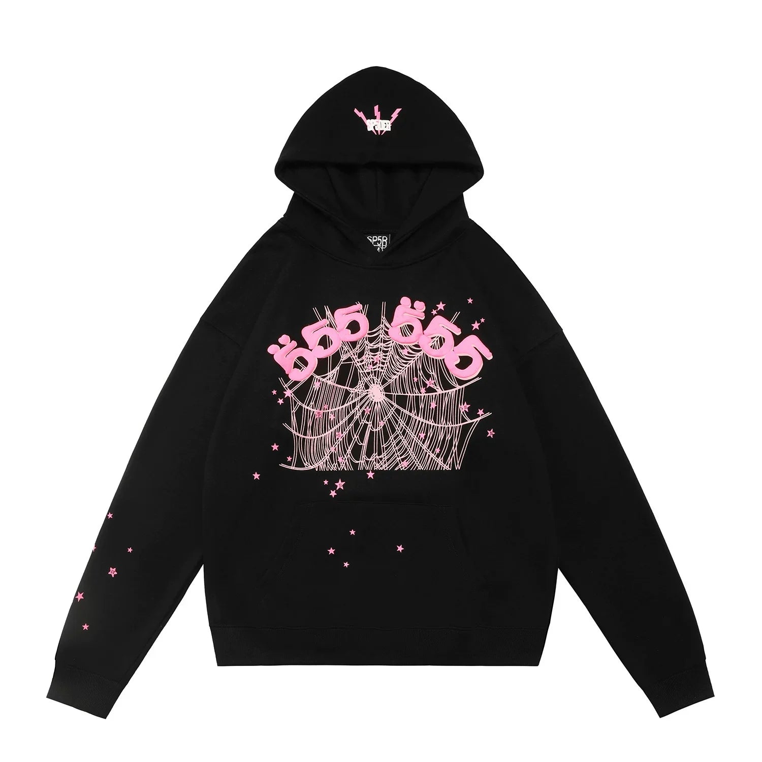 Sp5der "555 555" Pink Web Rhinestone Black Pullover Hoodie