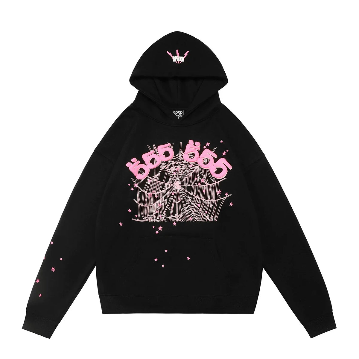 Sp5der "555 555" Pink Web Rhinestone Black Pullover Hoodie