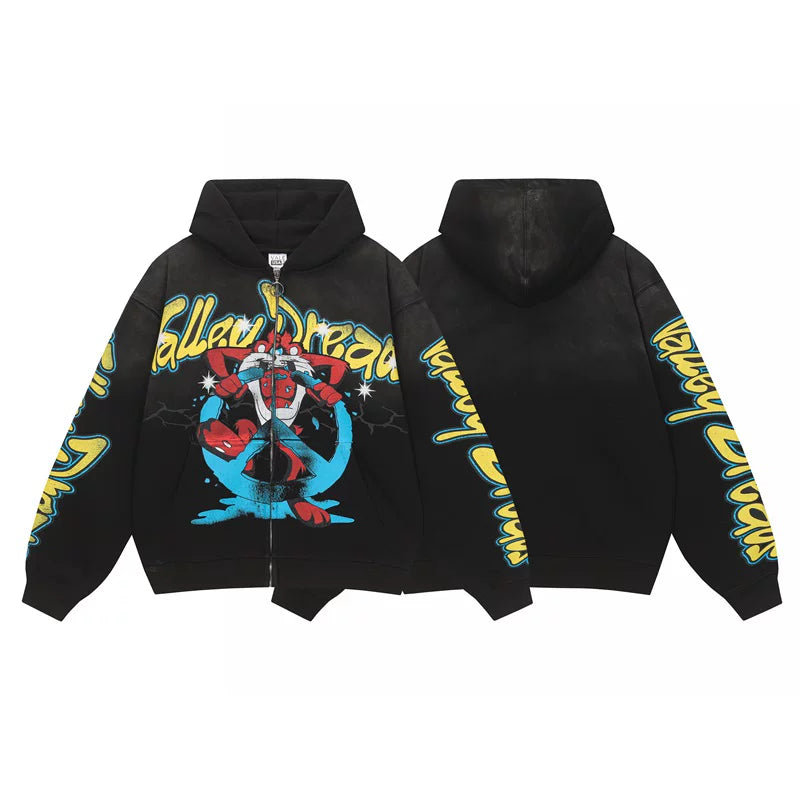 VALE VALLEY Hip Hop Embroidered Zip Hoodie