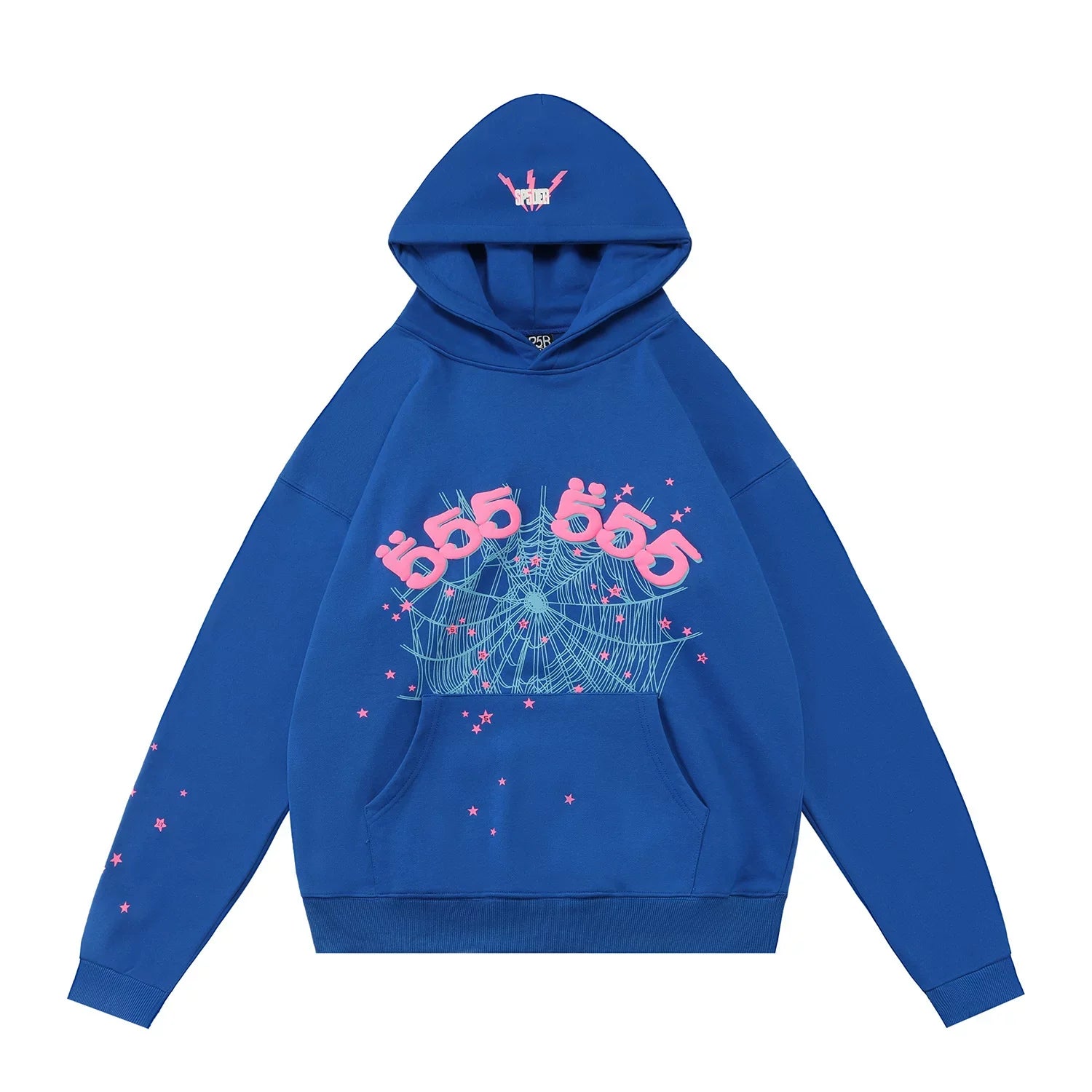 Sp5der "555 555" Pink Web Rhinestone Royal Blue Pullover Hoodie