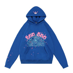 Sp5der "555 555" Pink Web Rhinestone Royal Blue Pullover Hoodie
