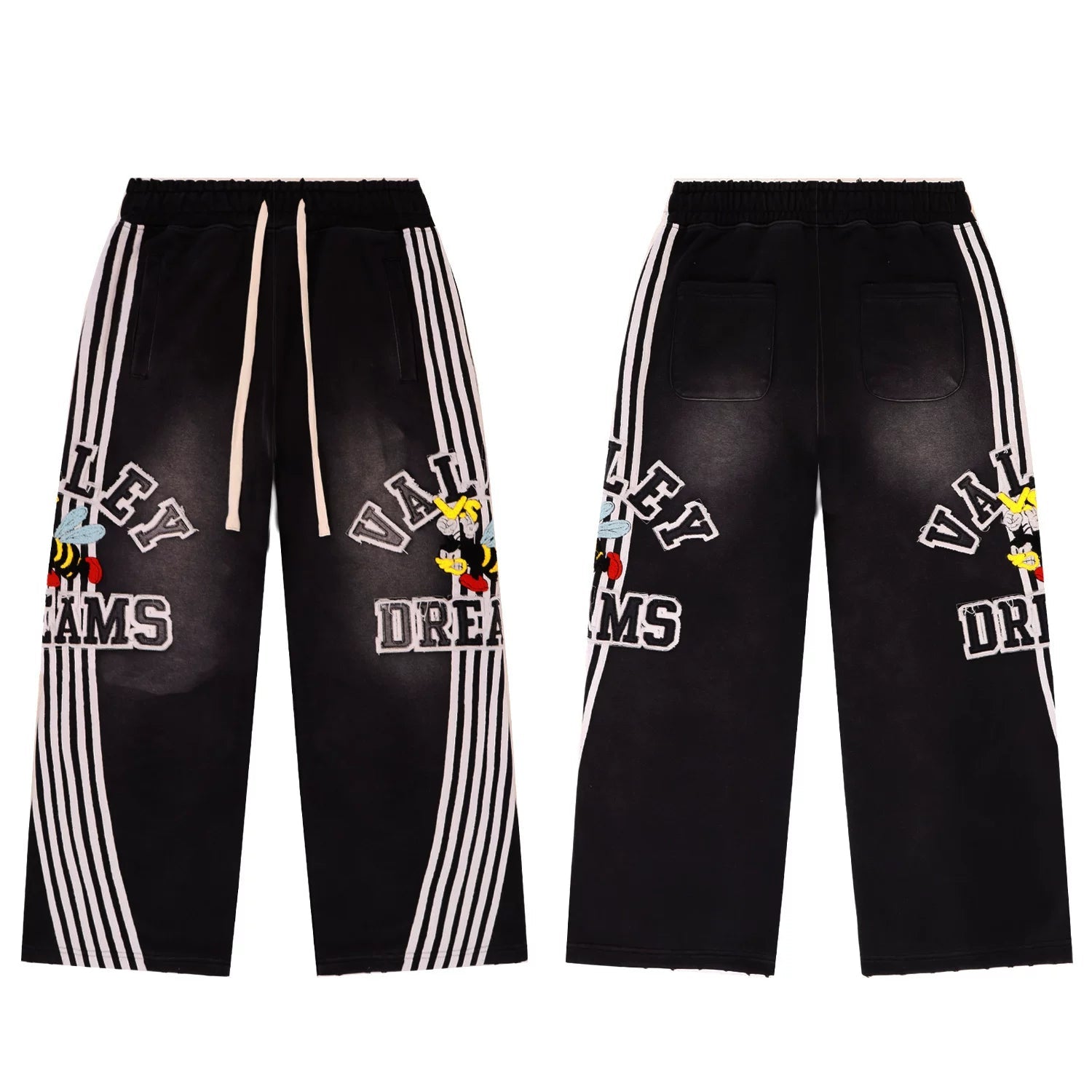 Vale Valley Bee Embroidered Distressed Striped Track Pants