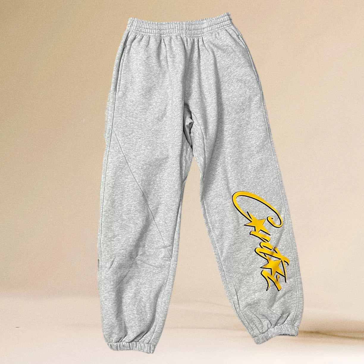 Corteiz Yellow Script Logo Heavyweight Sweatpants grey