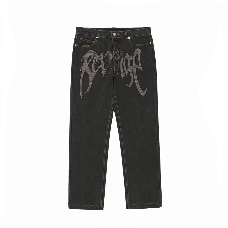 Revenge Smoke Embroidered Logo Straight Denim Jeans
