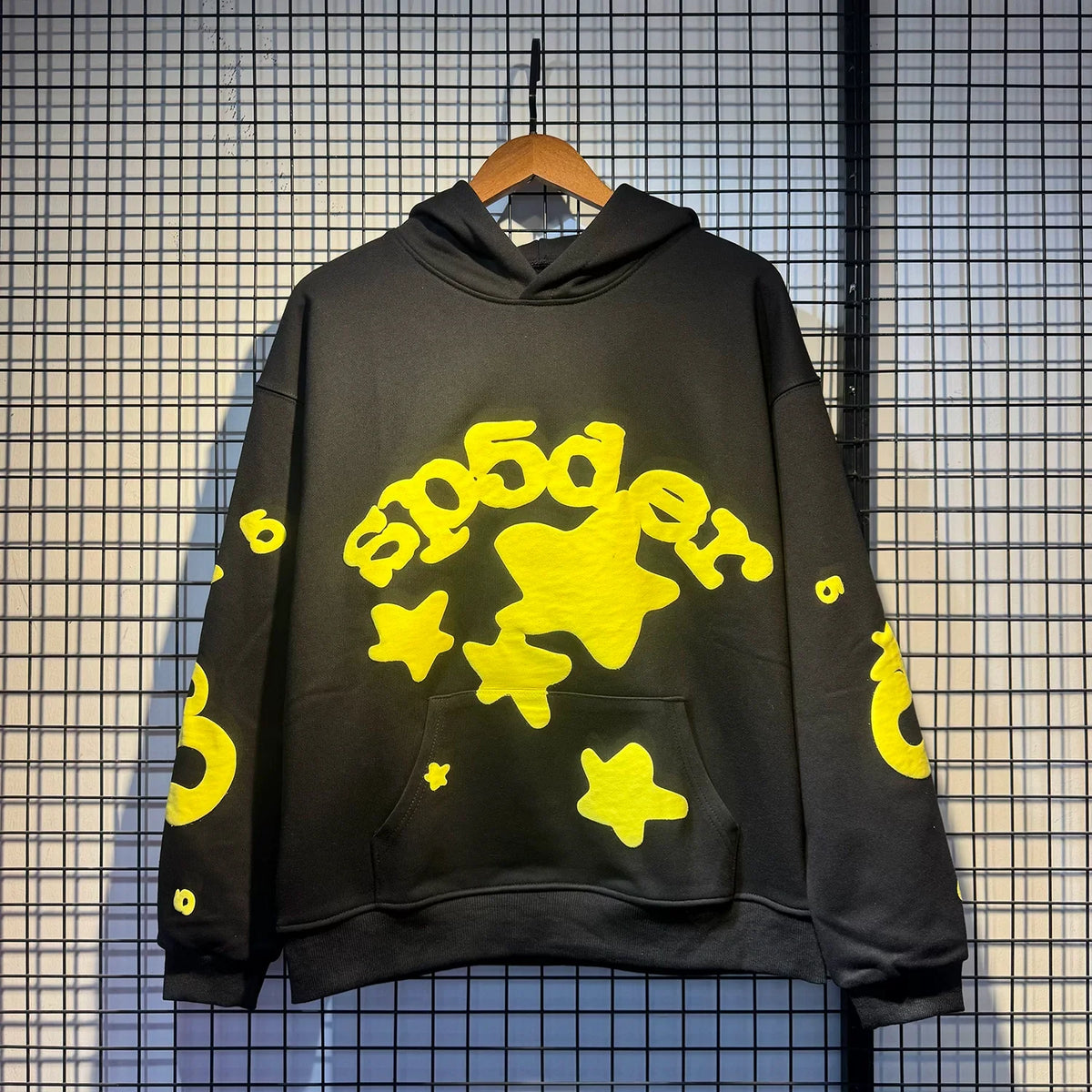 Sp5der Yellow Star & Foam Print Black Pullover Hoodie