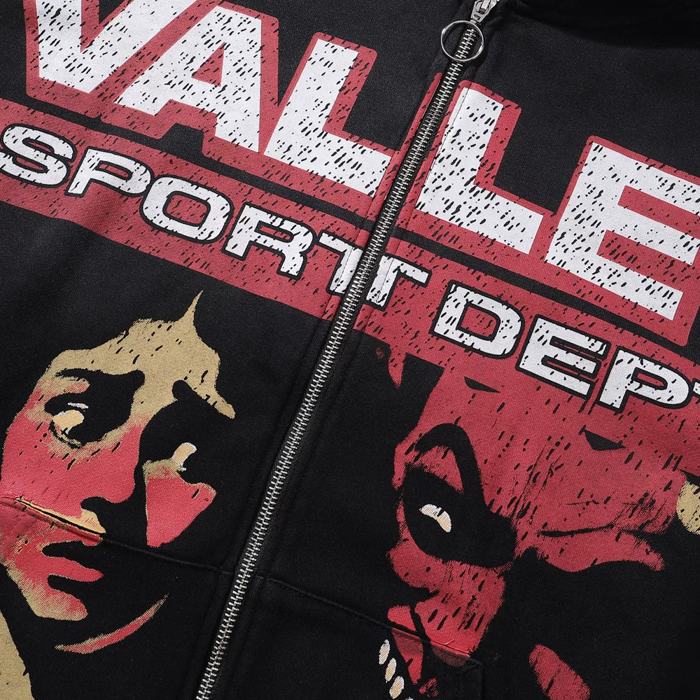 Vale Hip Hop Cartoon Character Washed Zip Hoodie