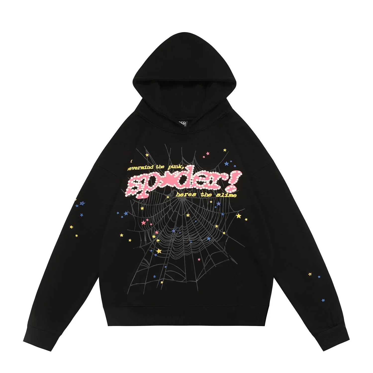 Sp5der Pink Letter & Star Web Black Pullover Hoodie