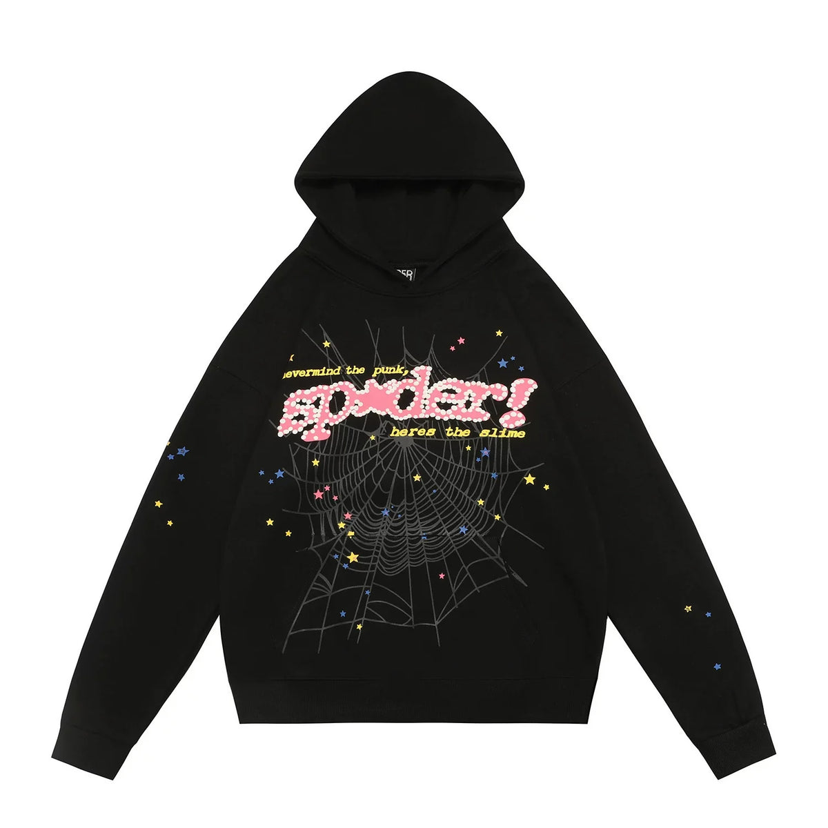 Sp5der Pink Letter & Star Web Black Pullover Hoodie