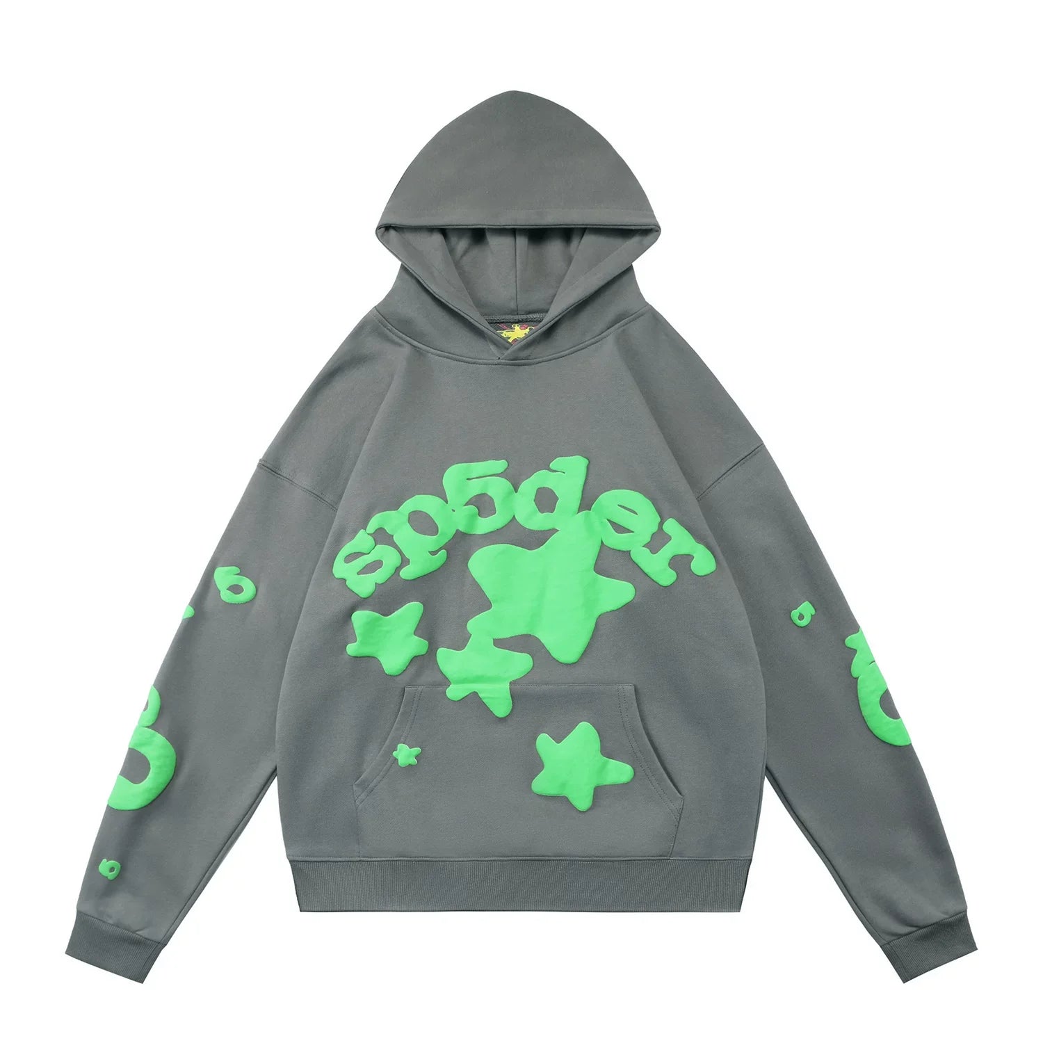 Sp5der Neon Green Star & Foam Print Grey Pullover Hoodie