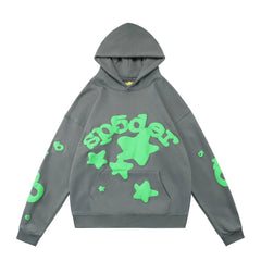 Sp5der Neon Green Star & Foam Print Grey Pullover Hoodie