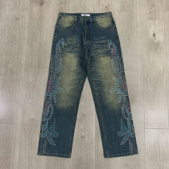 Vale Valley Hip Hop Rhinestone Straight Jeans