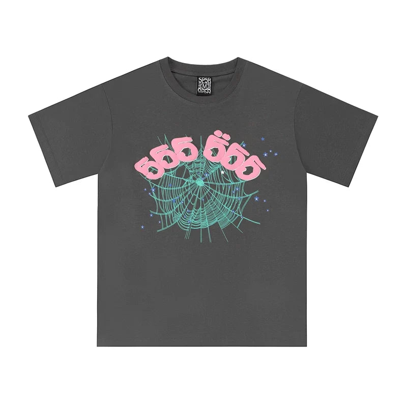 Sp5der 555 555 Teal Web & Pink Numbers Graphic Charcoal Grey Short Sleeve T-Shirt