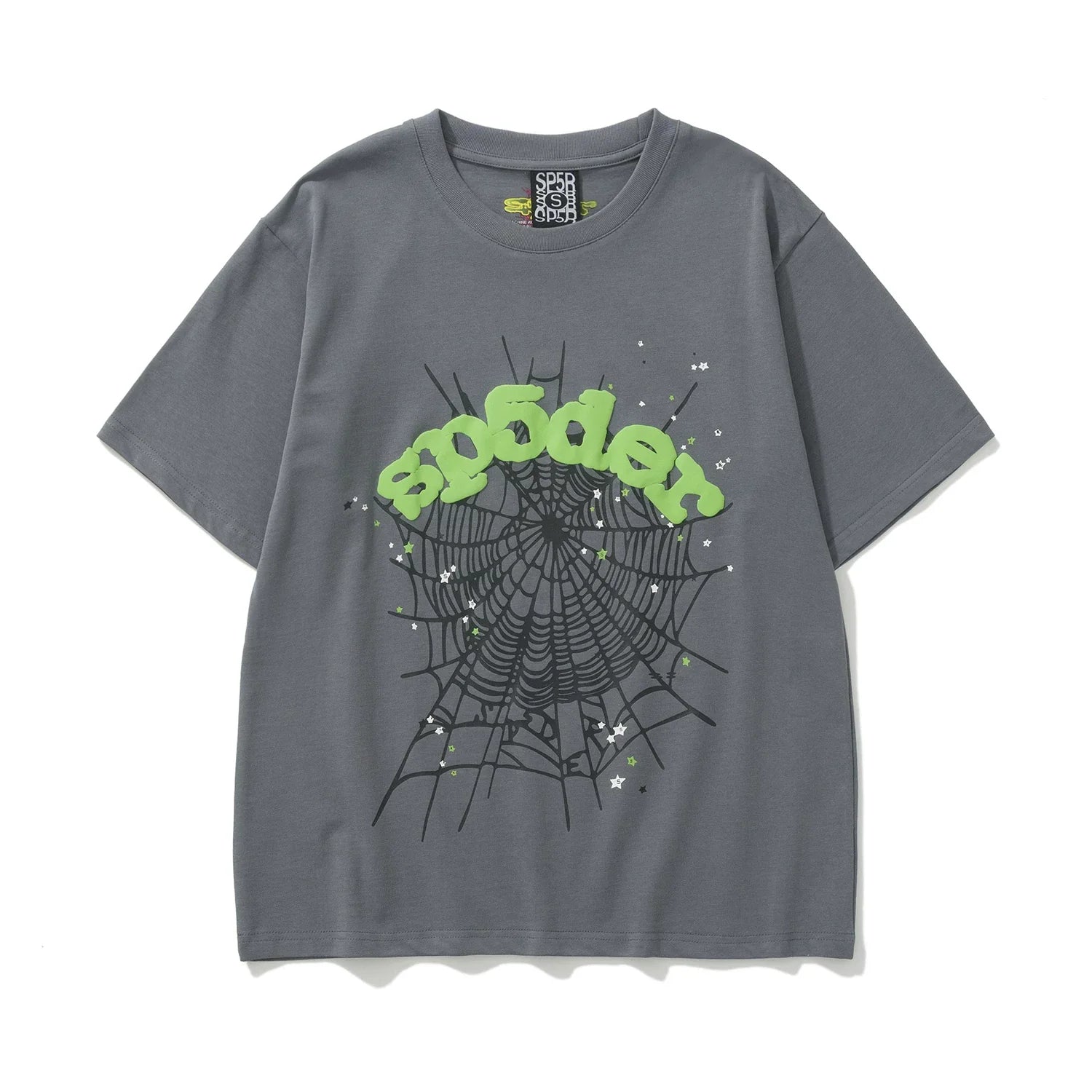 Sp5der Neon Green Logo & Spider Web Graphic Dark Grey Short Sleeve T-Shirt