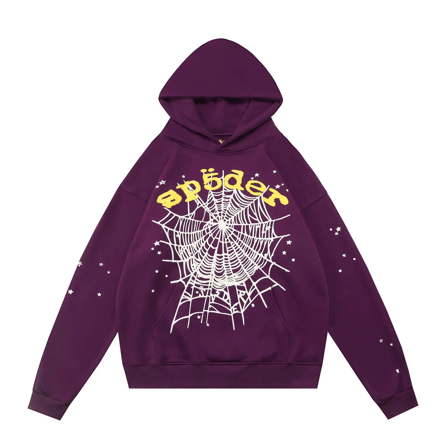 Sp5der Yellow Typography & Web Deep Purple Pullover Hoodie