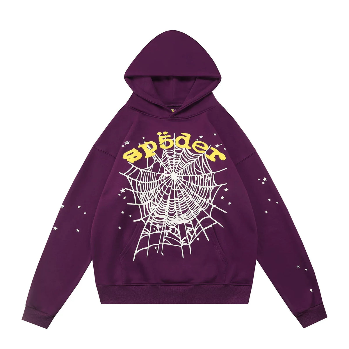 Sp5der Yellow Typography & Web Deep Purple Pullover Hoodie