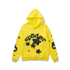 Sp5der Black Star & Foam Print Yellow Pullover Hoodie