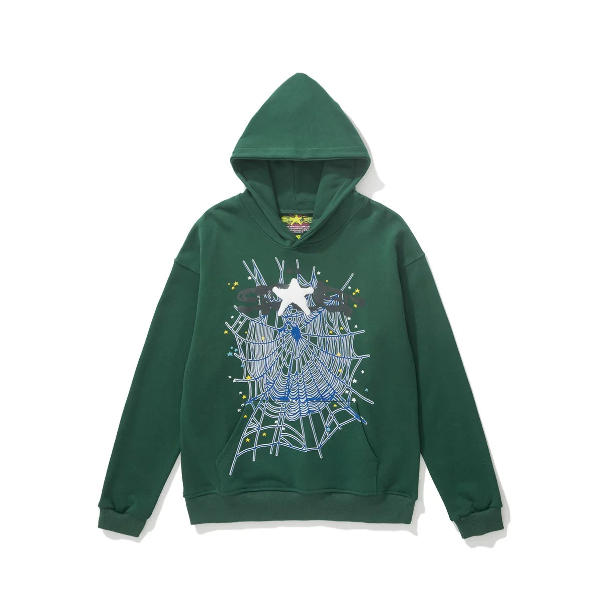 Sp5der Web Graphic Dark Green Pullover Hoodie with White Star