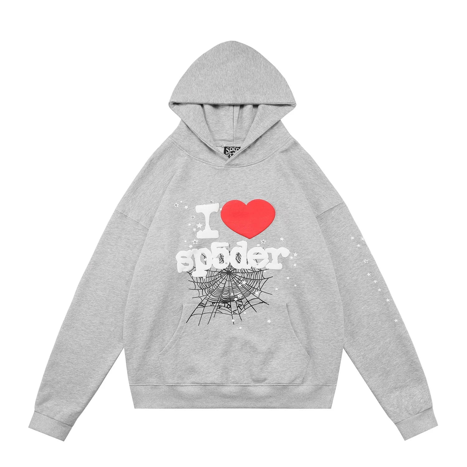 Sp5der "I Love Sp5der" Red Heart & Web Rhinestone Grey Pullover Hoodie