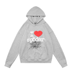 Sp5der "I Love Sp5der" Red Heart & Web Rhinestone Grey Pullover Hoodie