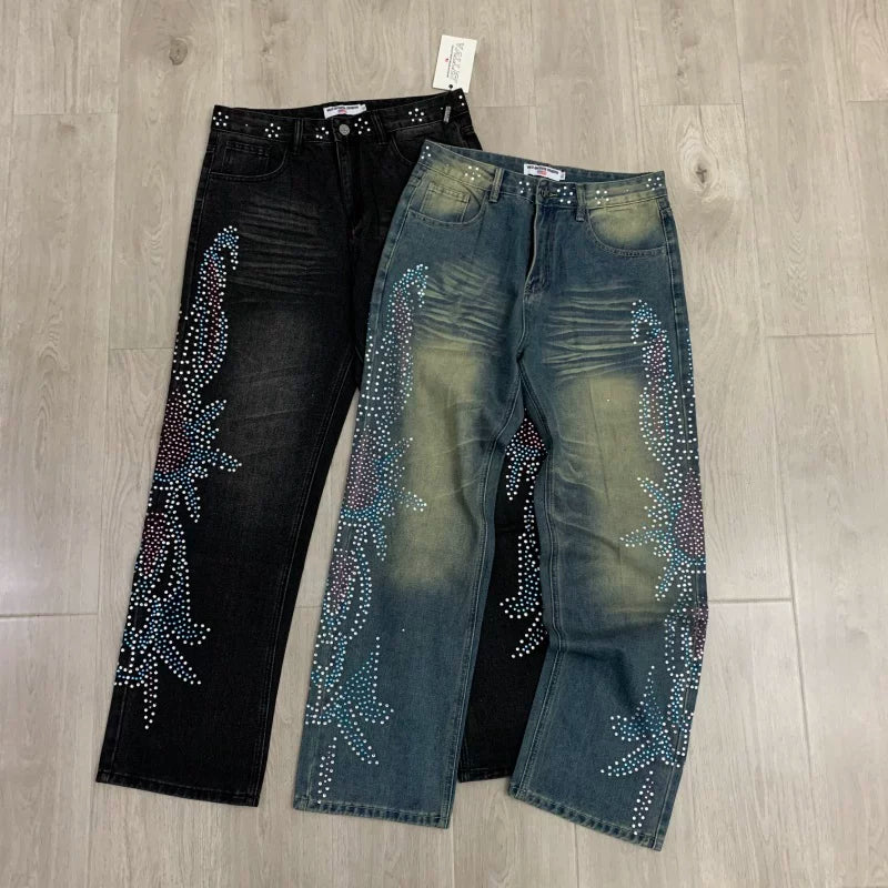 Vale Valley Hip Hop Rhinestone Straight Jeans