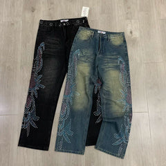 Vale Valley Hip Hop Rhinestone Straight Jeans