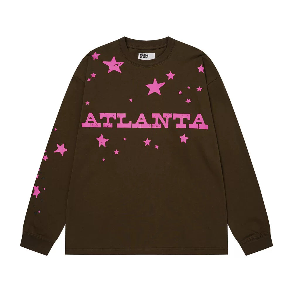 Sp5der Atlanta Star Graphic Brown and Pink Long Sleeve Casual T-Shirt