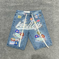 VALE VALLEY Embroidered Badge Rhinestone Denim Shorts