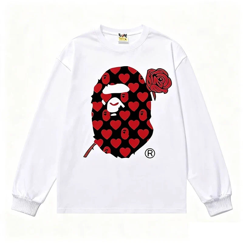 BAPE Style Heart & Rose Ape Head Long-Sleeve Tee - White/Red-Black