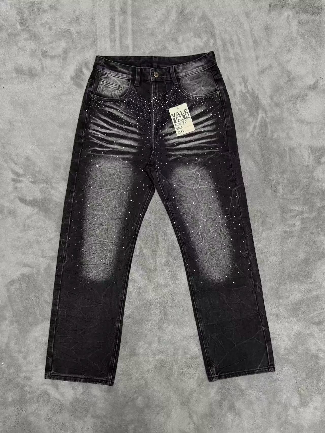 Vale Forever Streetwear Black Rhinestone Straight Jeans