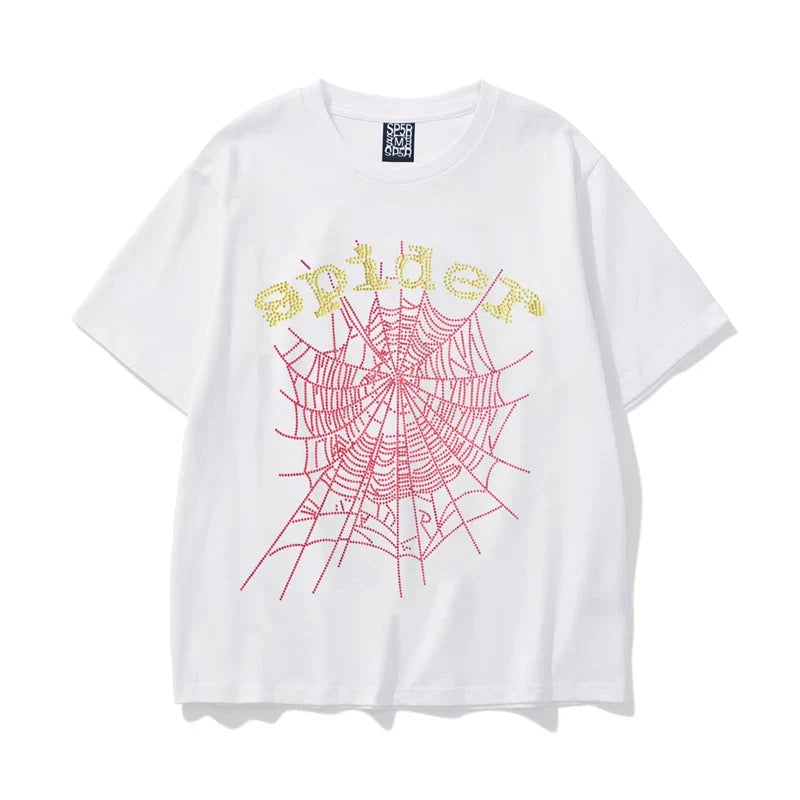 Sp5der Red Web & Gold Letter Graphic White Short Sleeve T-Shirt
