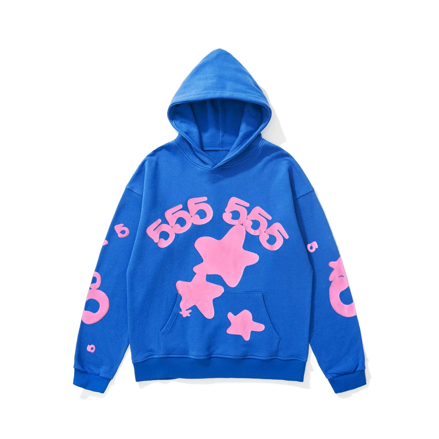Sp5der "555 555" Pink Star Foam Print Royal Blue Pullover Hoodie