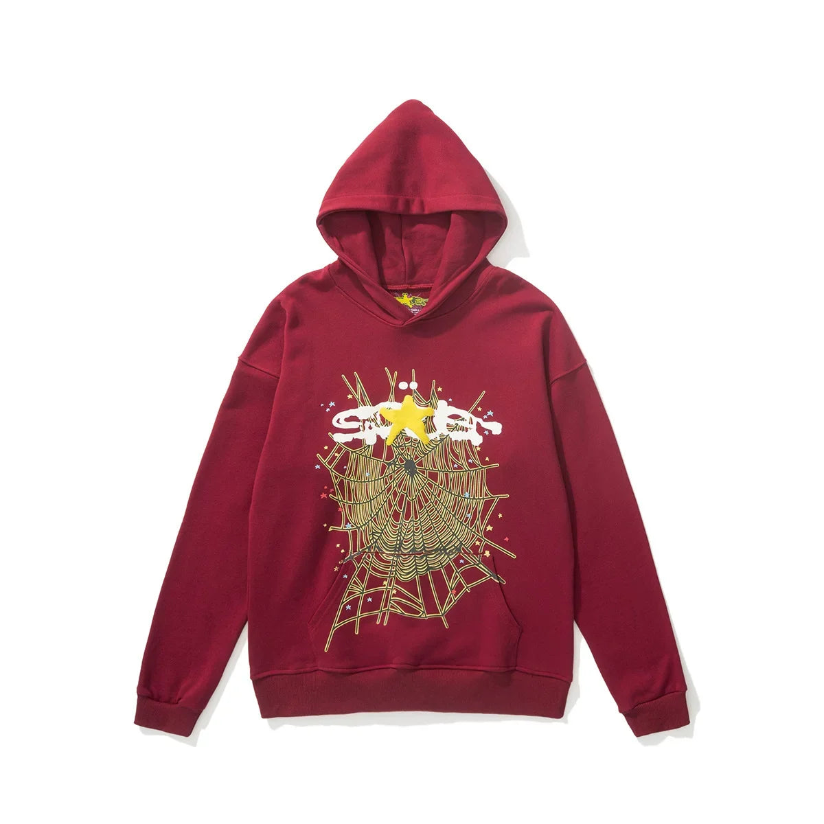 Sp5der Web Graphic Burgundy Red Pullover Hoodie with Yellow Star