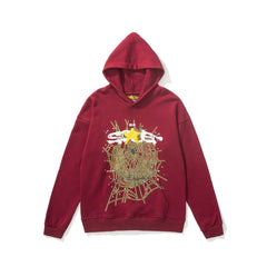 Sp5der Web Graphic Burgundy Red Pullover Hoodie with Yellow Star
