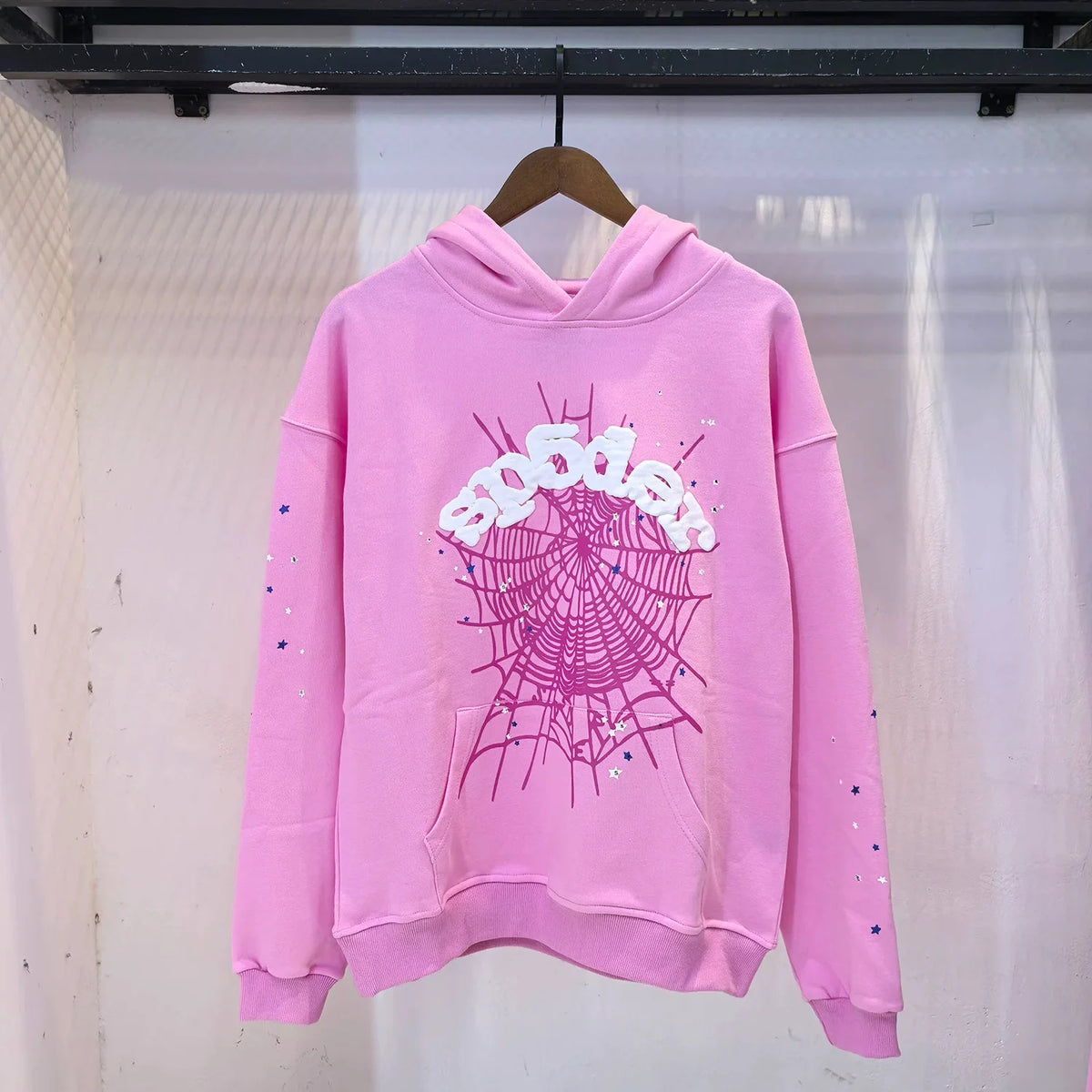 Sp5der Pink Web Foam Print Light Pink Pullover Hoodie