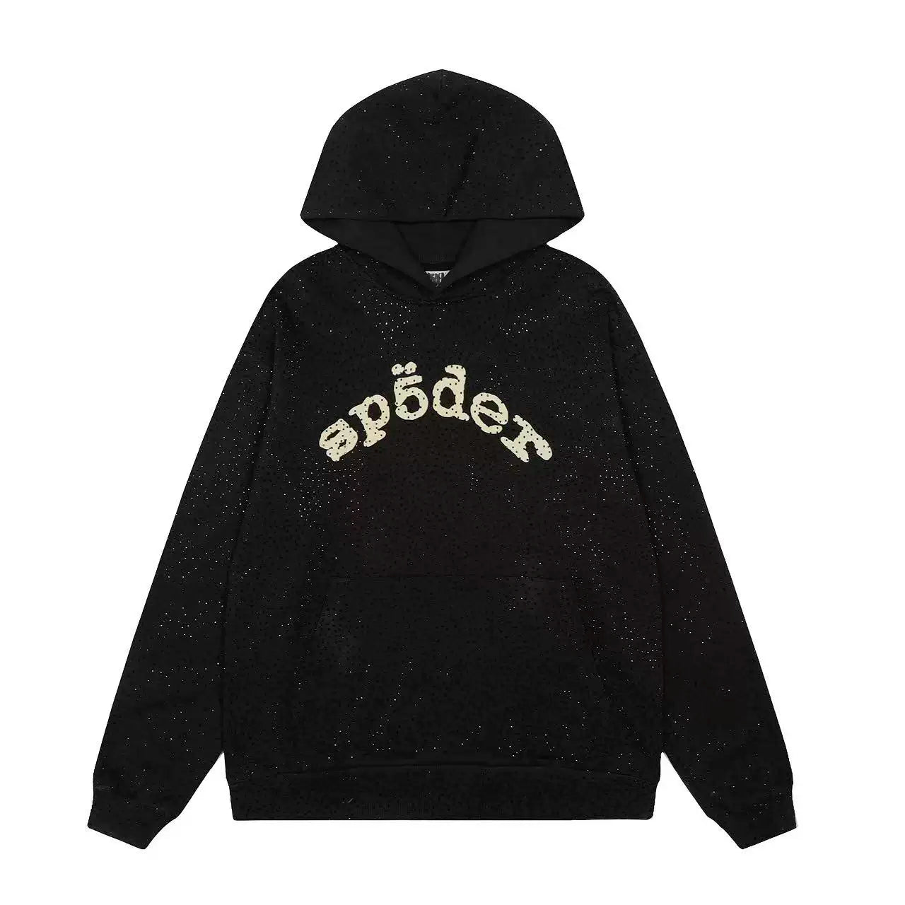 Sp5der Rhinestone Letter Graphic Black Pullover Hoodie