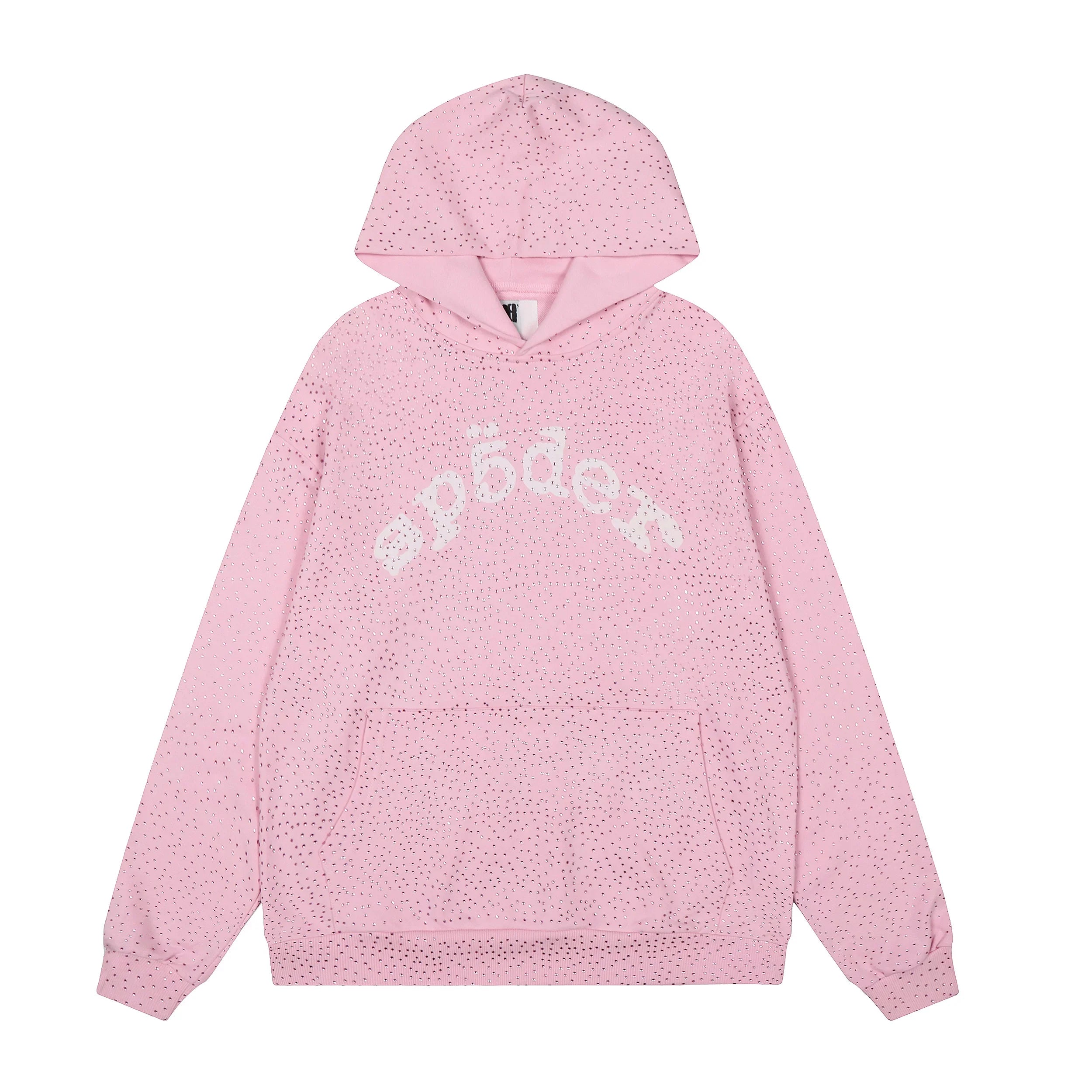 Sp5der Rhinestone Letter Graphic Light Pink Pullover Hoodie