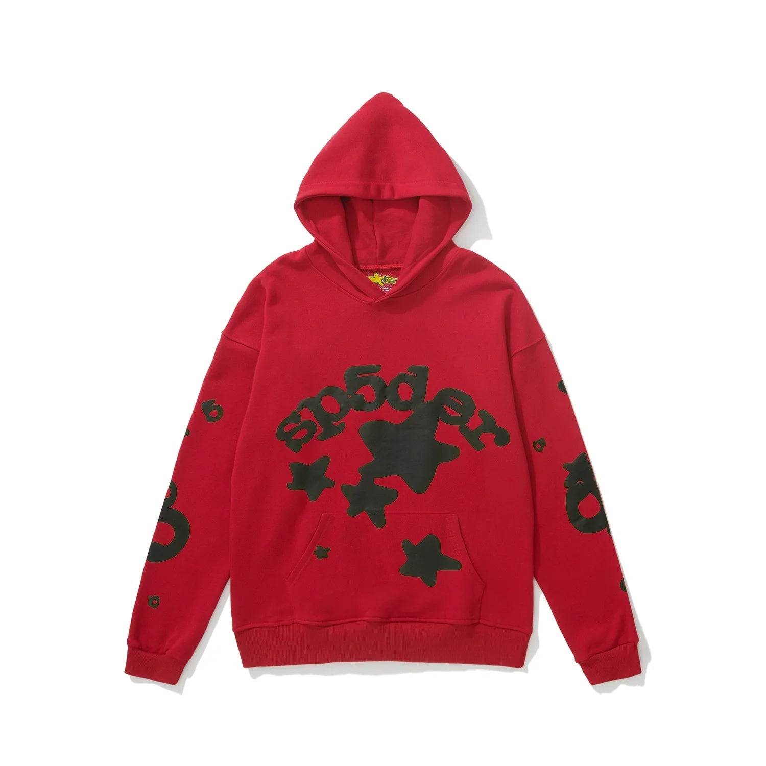 Sp5der Star Graphic Red Pullover Hoodie with Black Accents
