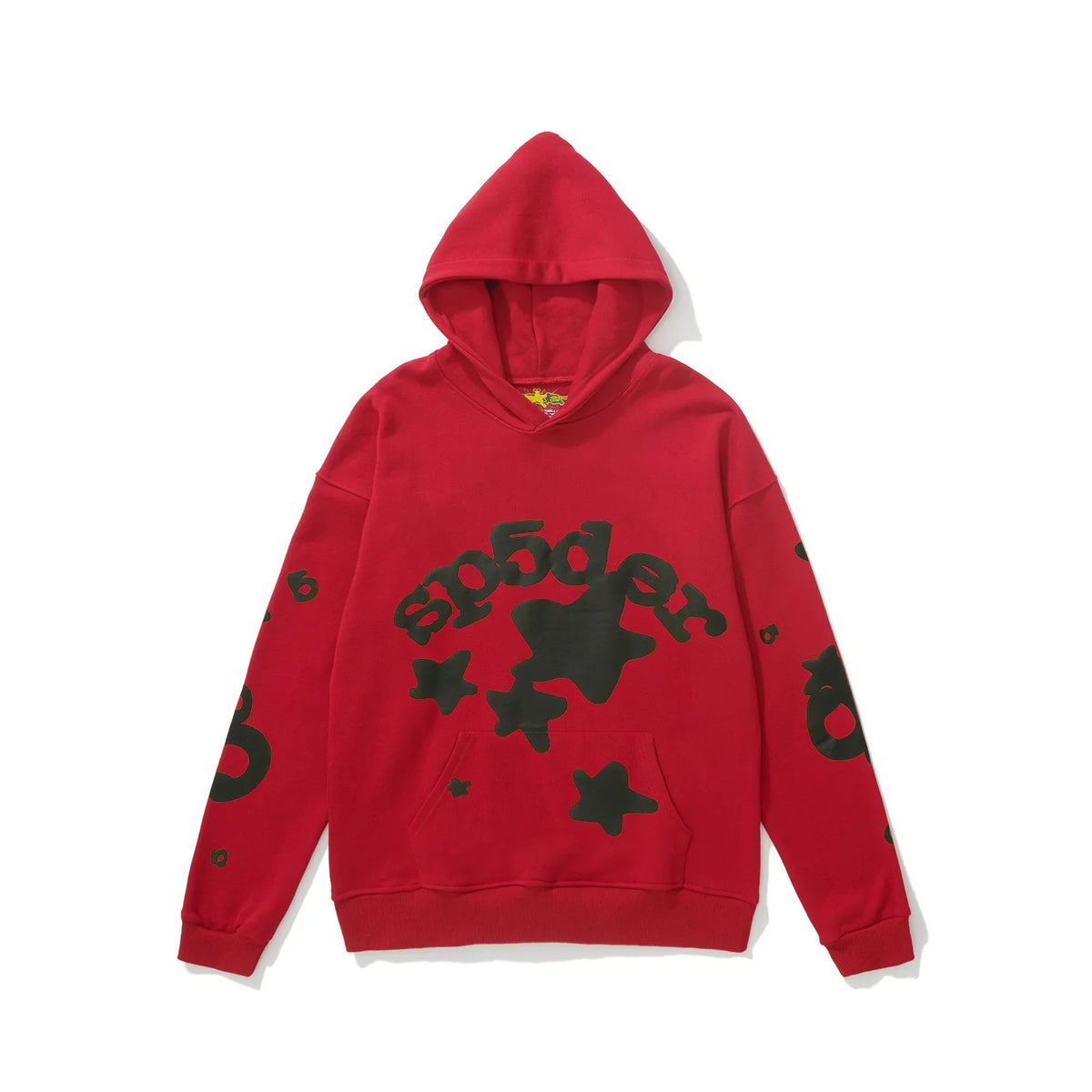 Sp5der Star Graphic Red Pullover Hoodie with Black Accents